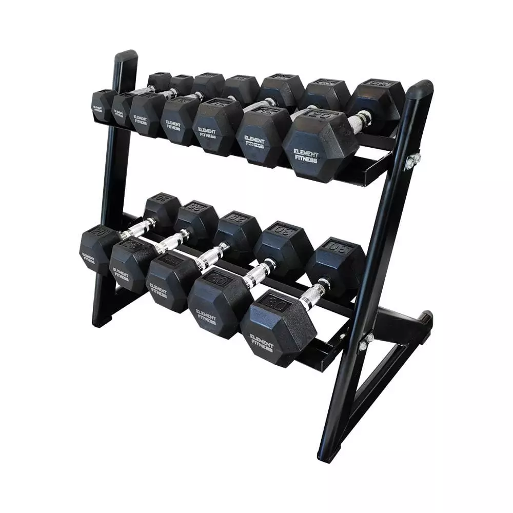 Element Fitness Hex Dumbbells Set With PVC Mat 210lb 6 Element Fitness Hex Dumbbells Set With PVC Mat 210lb