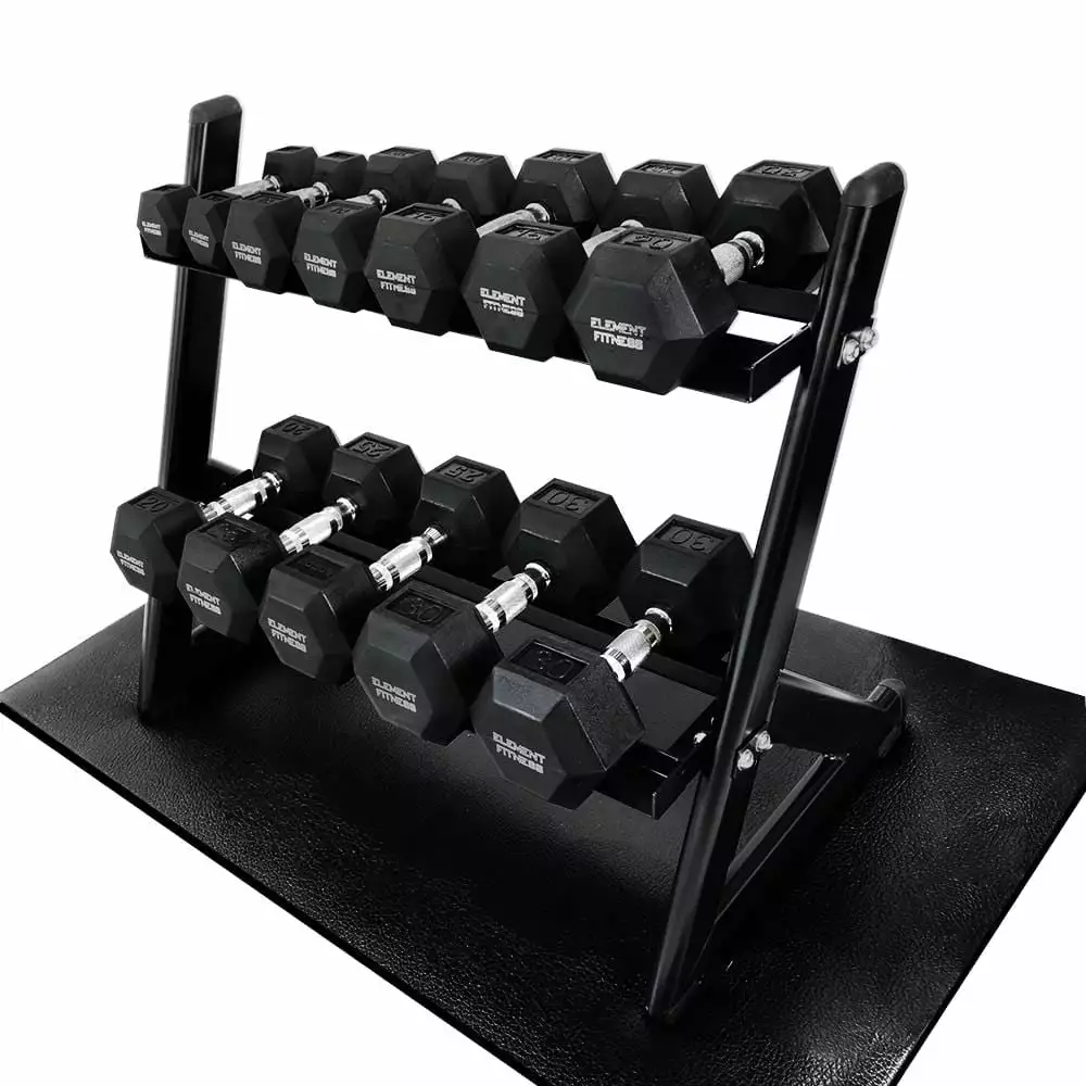 Element Fitness Hex Dumbbells Set With PVC Mat 210lb 4 Element Fitness Hex Dumbbells Set With PVC Mat 210lb